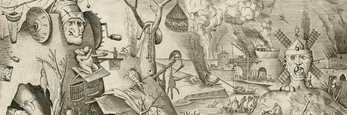 kleinteilige Abbildungen von menschenähnlichen Figuren, die zügellos essen und trinken