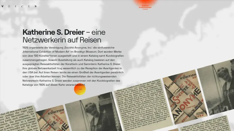 Eine Medienstation zeigt eine Karte mit Reisen verschiedener Künstler im 20. Jahrhundert 