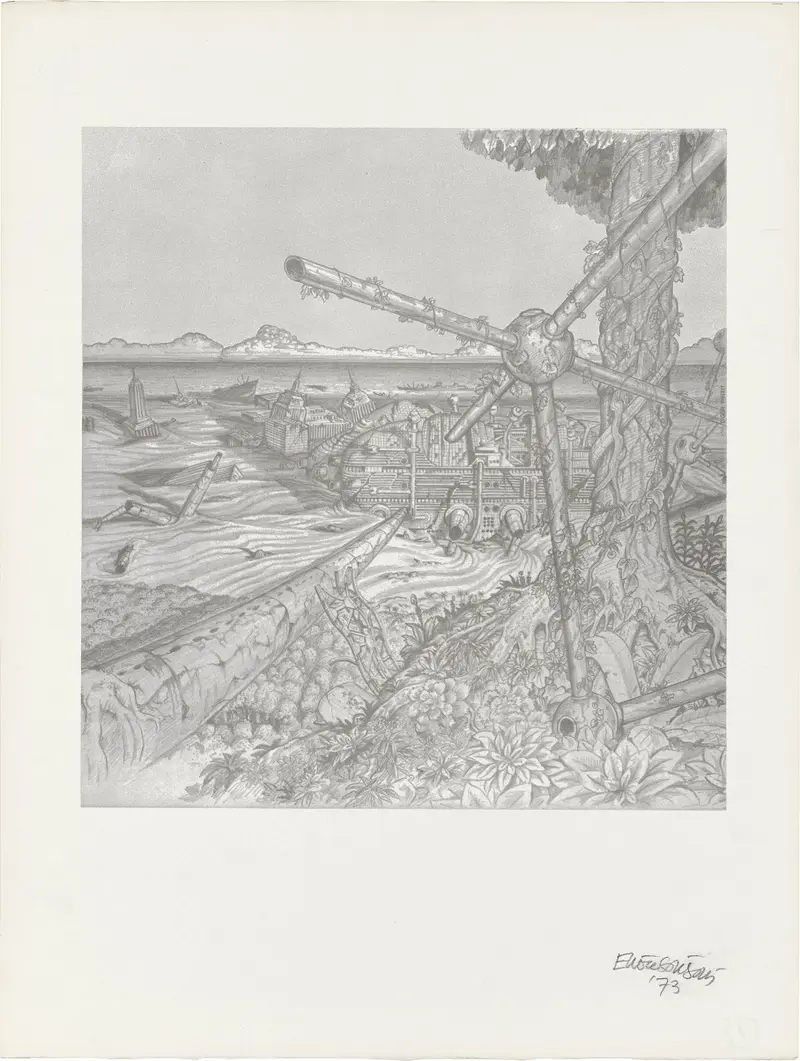 Zeichnung einer Landschaft mit Wasser und darin schwimmenden Objekten.