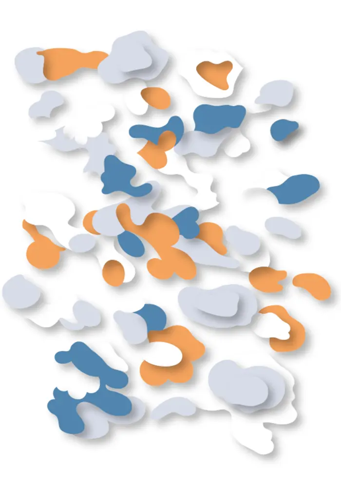 Willkürlich angeordnete blaue, beige und graue Flecken auf einem weisen Hintergrund. 