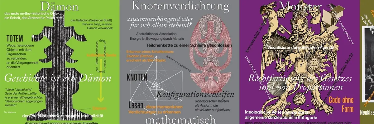 Vier bunte Plakate nebeneinander.