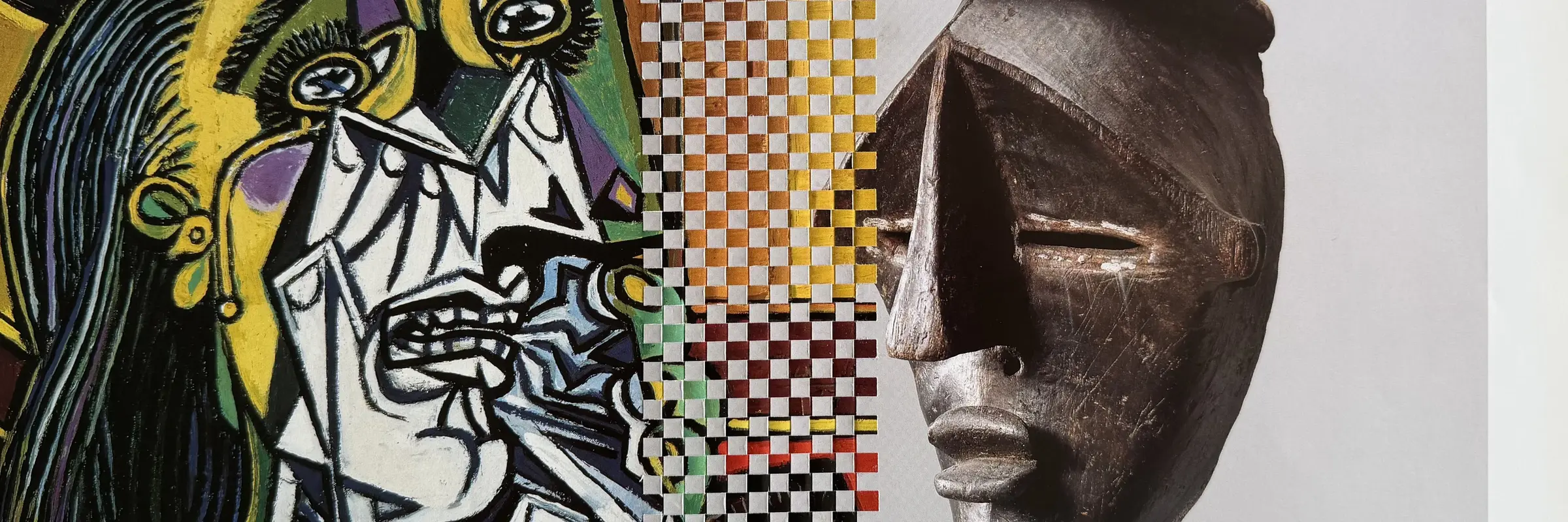 Collage eines gemalten Kopfes nach Picasso und einer afrikanischen Maske