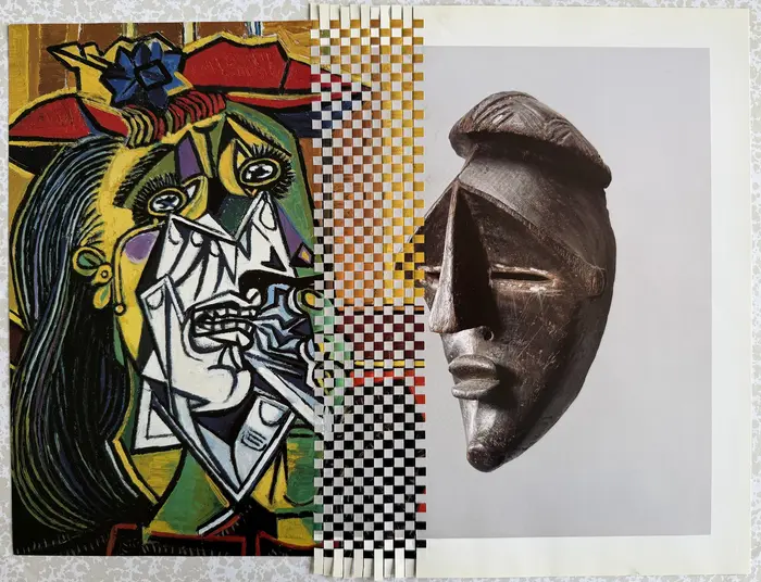 Collage eines gemalten Kopfes nach Picasso und einer afrikanischen Maske