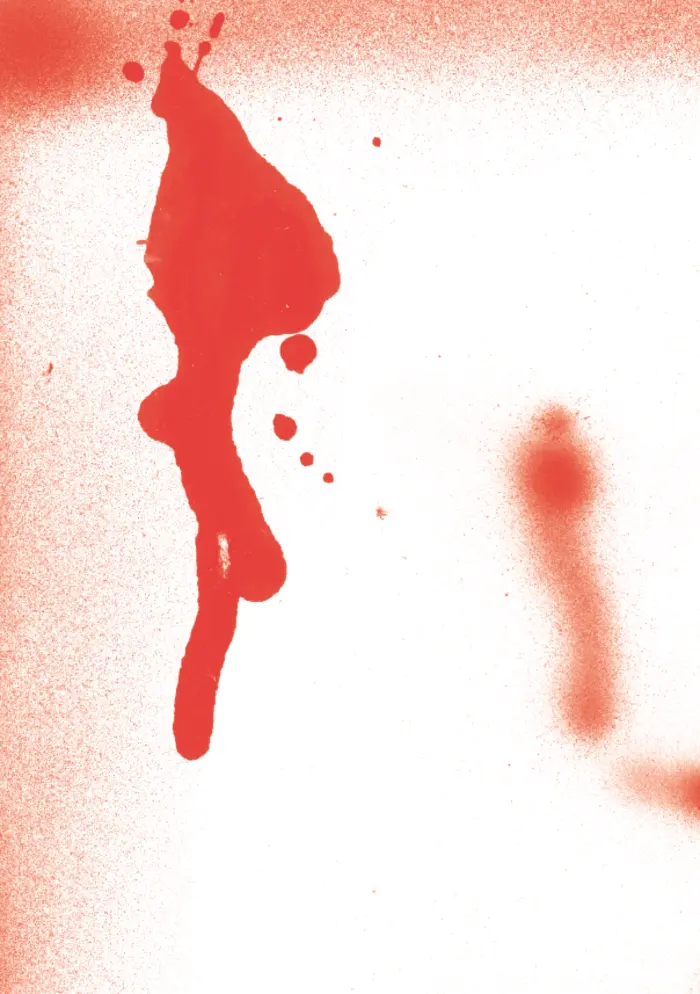 Ein roter Klecks auf einem weisen Hintergrund wirkt wie ein Blutfleck. 