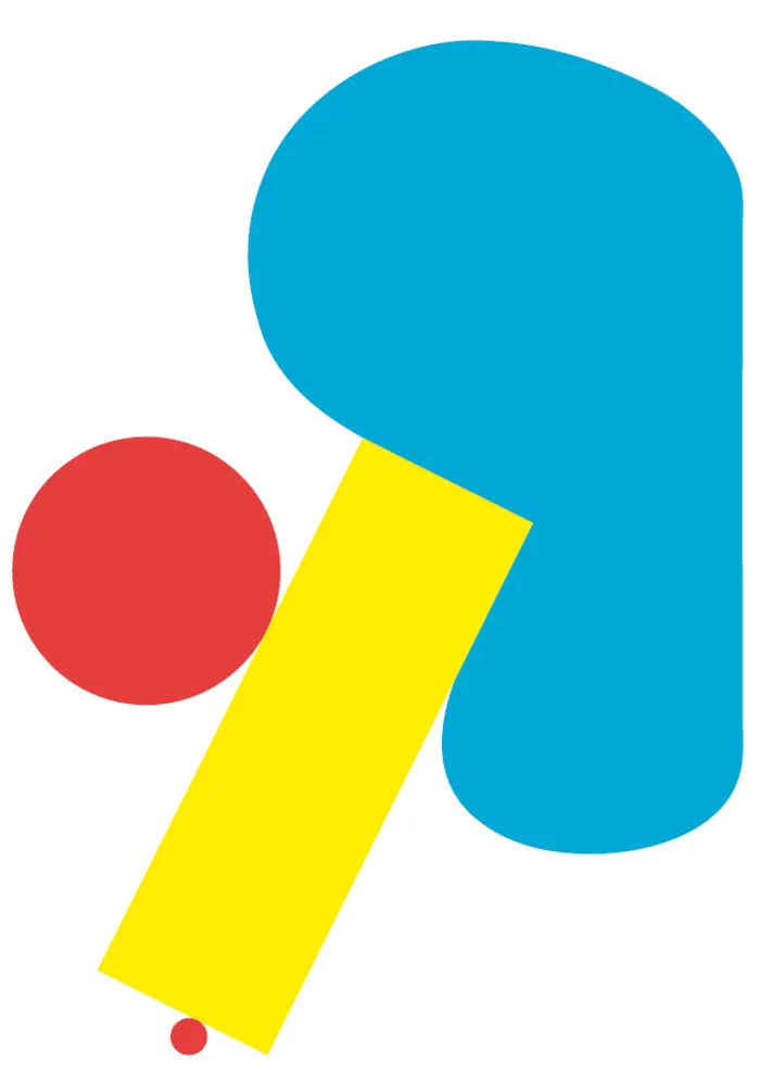 Ein gelbes Rechteck, eine blaue freie Form und zwei rote Kreise auf einem weisen Hintergrund. 