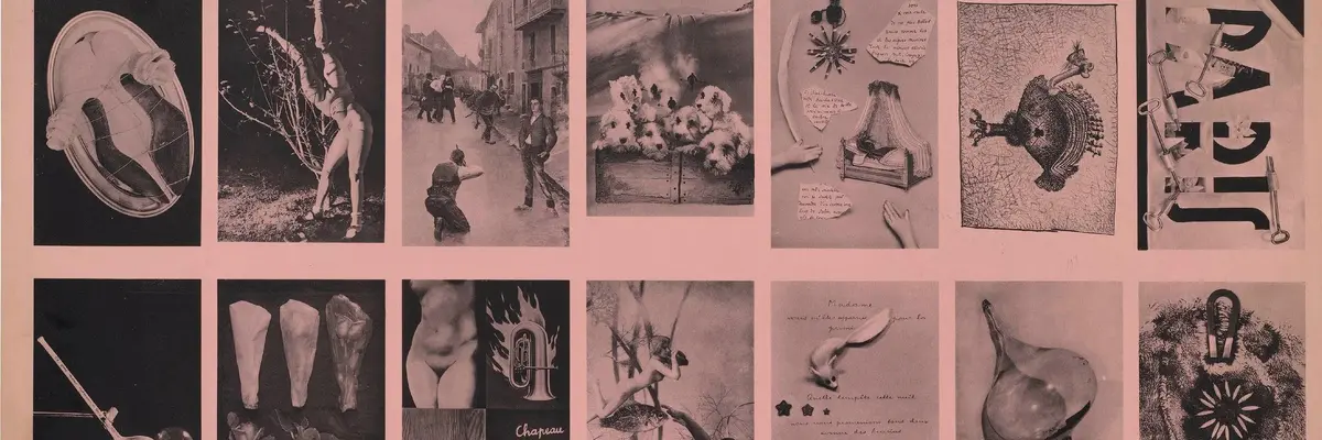 Ein rosafarbenes Plakat mit mehreren Schwarz-Weißs-Fotografien.