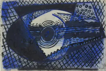 Ein Gemälde mit blauem Farbton lässt eine Gitarre erkennen.