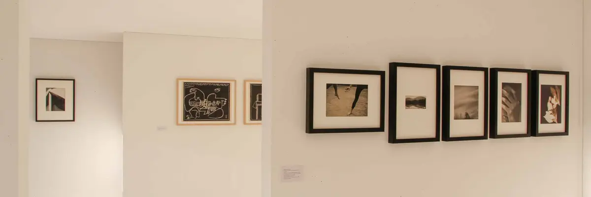 Wände mit in einer Reihe hängenden Bildern in schwarzen Rahmen. 